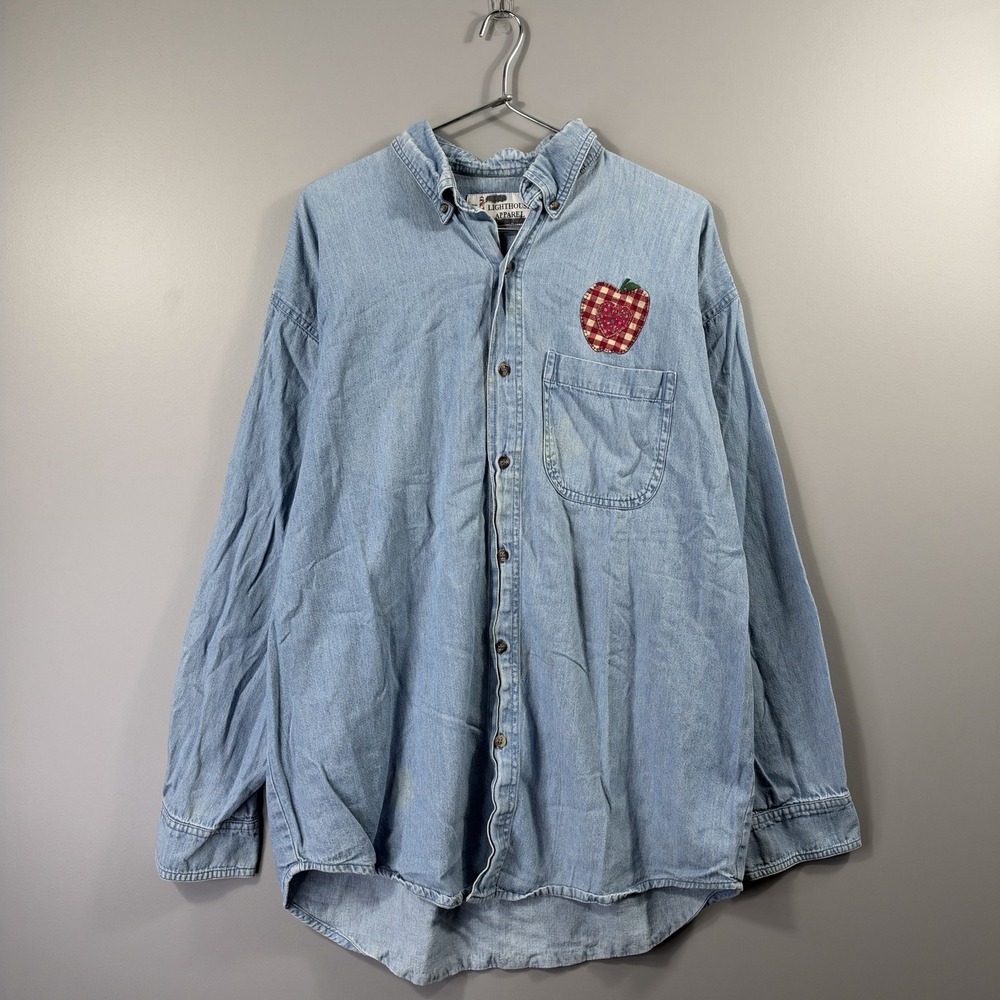 Lighthouse Apparel Shirt Womens Large Blue Denim Apple Embroidered Button Up